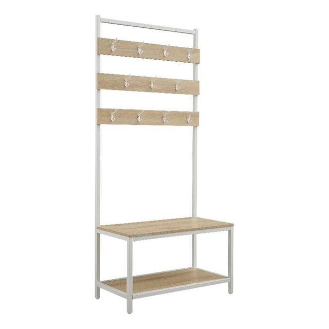 Linon Larkin Arbre d'Entrée en Métal Blanc avec 11 Crochets et 2 Tablettes en Bois Naturel