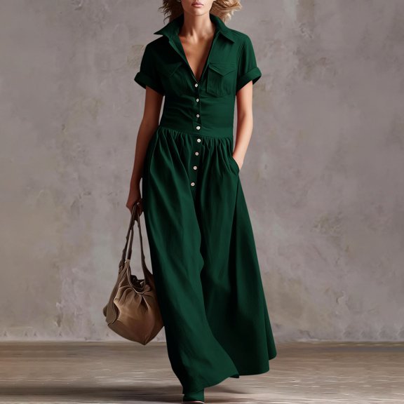 Karymi Solid Shirt Maxi Dress, Button Down Collared Short Sleeve A-Line Long Dress with Pockets, Casual Flowy Summer Dress Maxi Dress