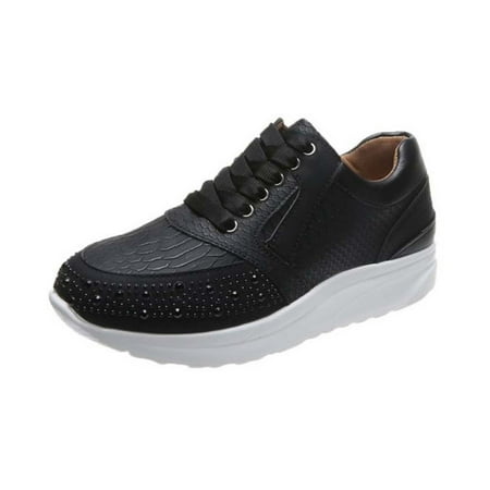 

Hinvhai Clearance Running Sneakers for Women Women Shiny Lace Up Sneakers Rhinestone Flat Heel Running Shoes Round Toe Platform Shoes Black 4.5(35)
