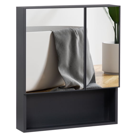 Black Wall-Mounted Medicine Cabinet, Bathroom Mirror Double Doors with Storage Shelves