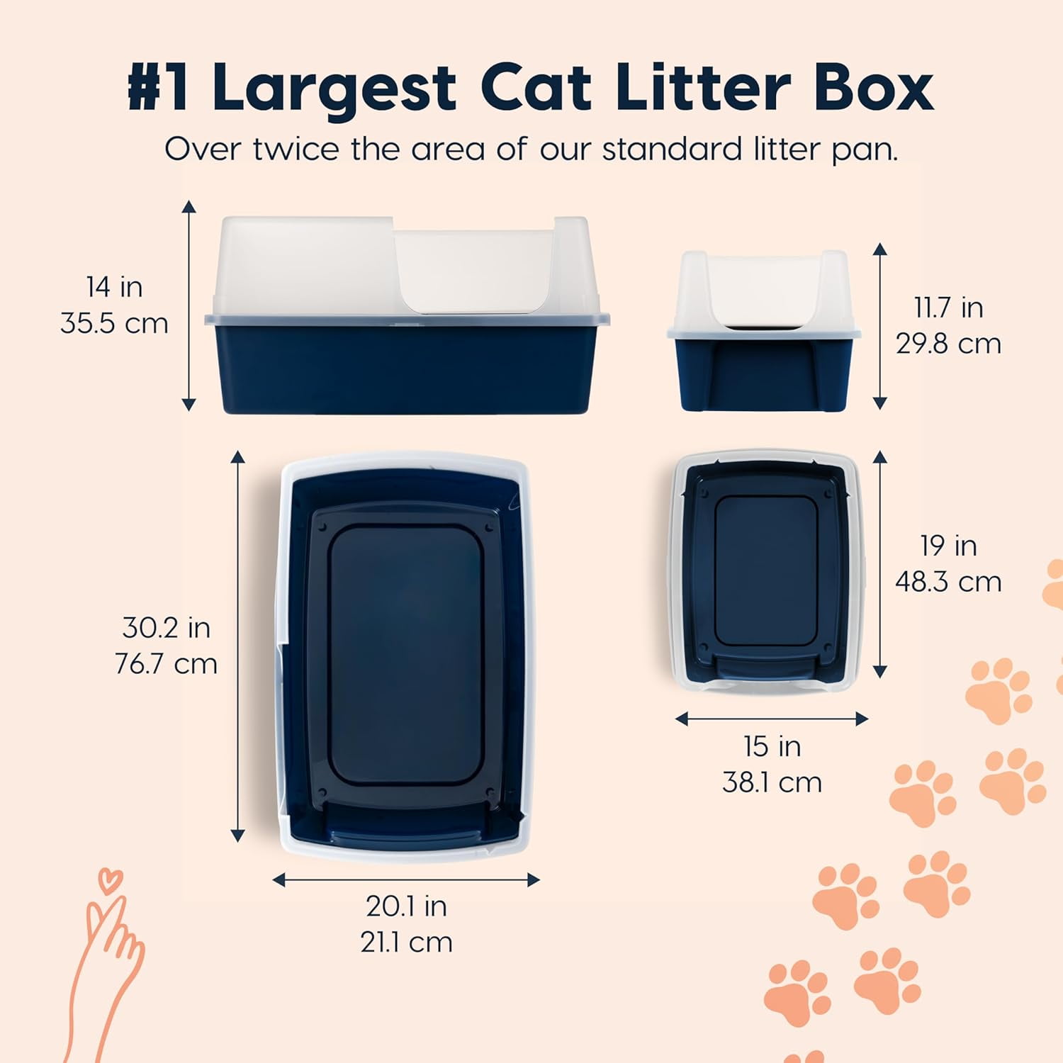 Miemie XX-Large Side Entry Cat Litter Box, Open Top Extra Large Litter Box for Big Cats and Multi-Cat Households, High Sided Scatter Shield, Easy to Clean, 30" L x 20" W x 14" H, Navy