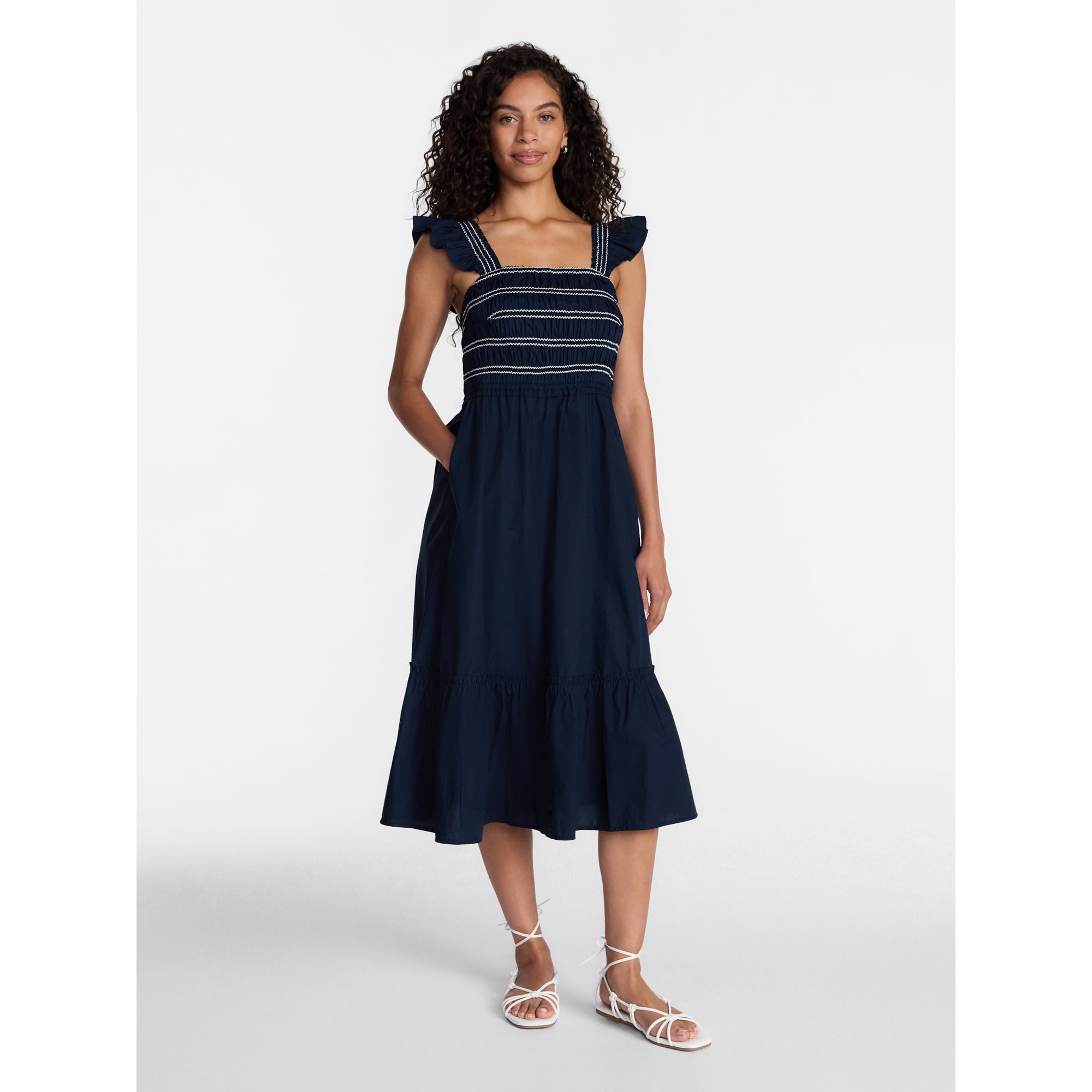 Time and Tru Women's and Women's Plus Smocked Bodice Midi Dress, Sizes XS-4X