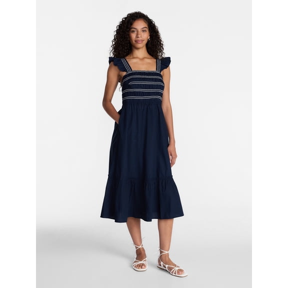 Time and Tru Women's and Women's Plus Smocked Bodice Midi Dress, Sizes XS-4X