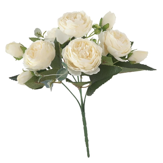 Ramo de peonías artificiales de seda con 5 flores y 4 capullos para boda, blanco