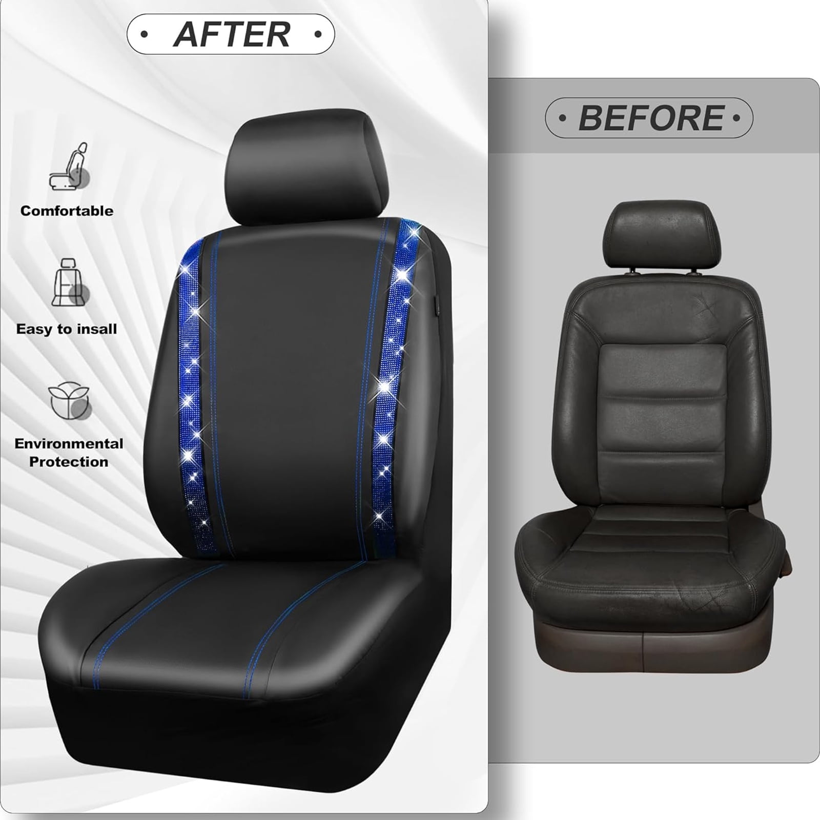 Car-Grand Bling diamond Rhinestone Leather car seat covers front pair shinning spark glitter crystal cute universal fit automotive glitter SUV truck sedan women girly Blue