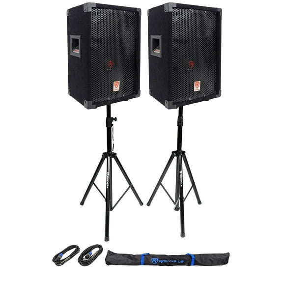(2) Rockville RSG8 8” 300 Watt 2-Way 8-Ohm Passive DJ PA Speaker  Stands  Cables