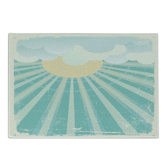 Vintage Blue Cutting Board, Abstract Sun Rays and Fluffy Clouds with Aged Weathered Look, Decorative Tempered Glass Cutting and Serving Board, Small Size, Pale Yellow Turquoise, by Ambesonne