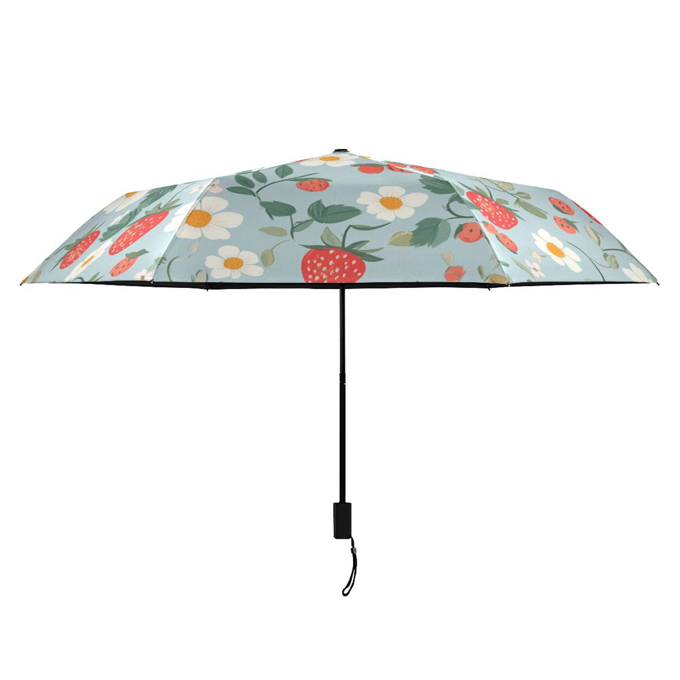 Strawberries and Strawberries Flowers Leaves Cute All Weather Umbrella Triple Folding Parasol 6 Ribs UV Protection Portable