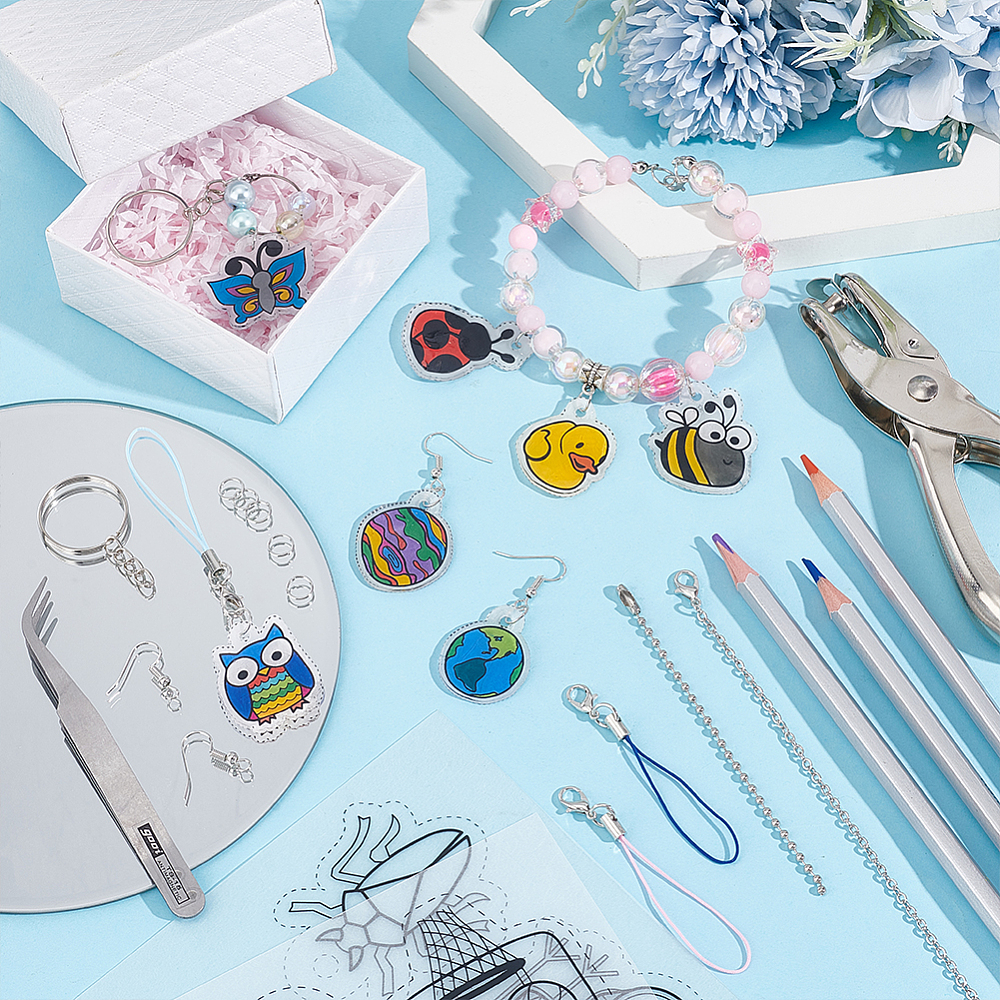 1 Set DIY Heat Shrinky Art Pendant Keychain Earrings Making Kit Including Heat Shrink Sheets Plier & Tweezers Iron Keychains & Ball Chain &