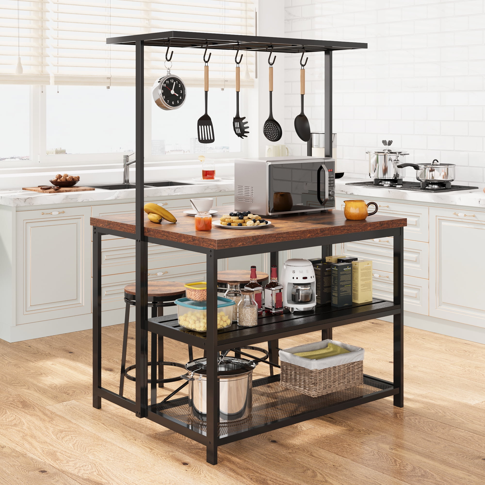 EastVita Kitchen Island Table with Storage Shelf & Power Outlet,3-Tier Bakers Rack,Microwave Stand,Oven Shelf,Metal Coffee Bar Table with Hooks