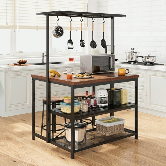 Faitaliicy Kitchen Island Table With Storage Shelf  And Power Outlet Bakers Rack 3 Tier Microwave Stand Oven Shelf Metal Coffee Bar Side Table With Hooks For Spices Pots Pans，Stool Not Included