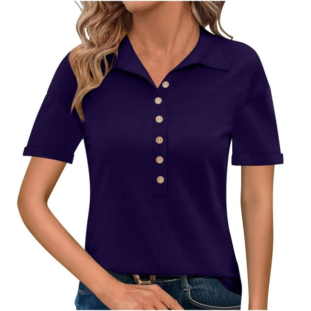 Besolor Womens Short Sleeve T Shirts Business Casual Collared Button up Tops Summer Office Work Blouses Tees