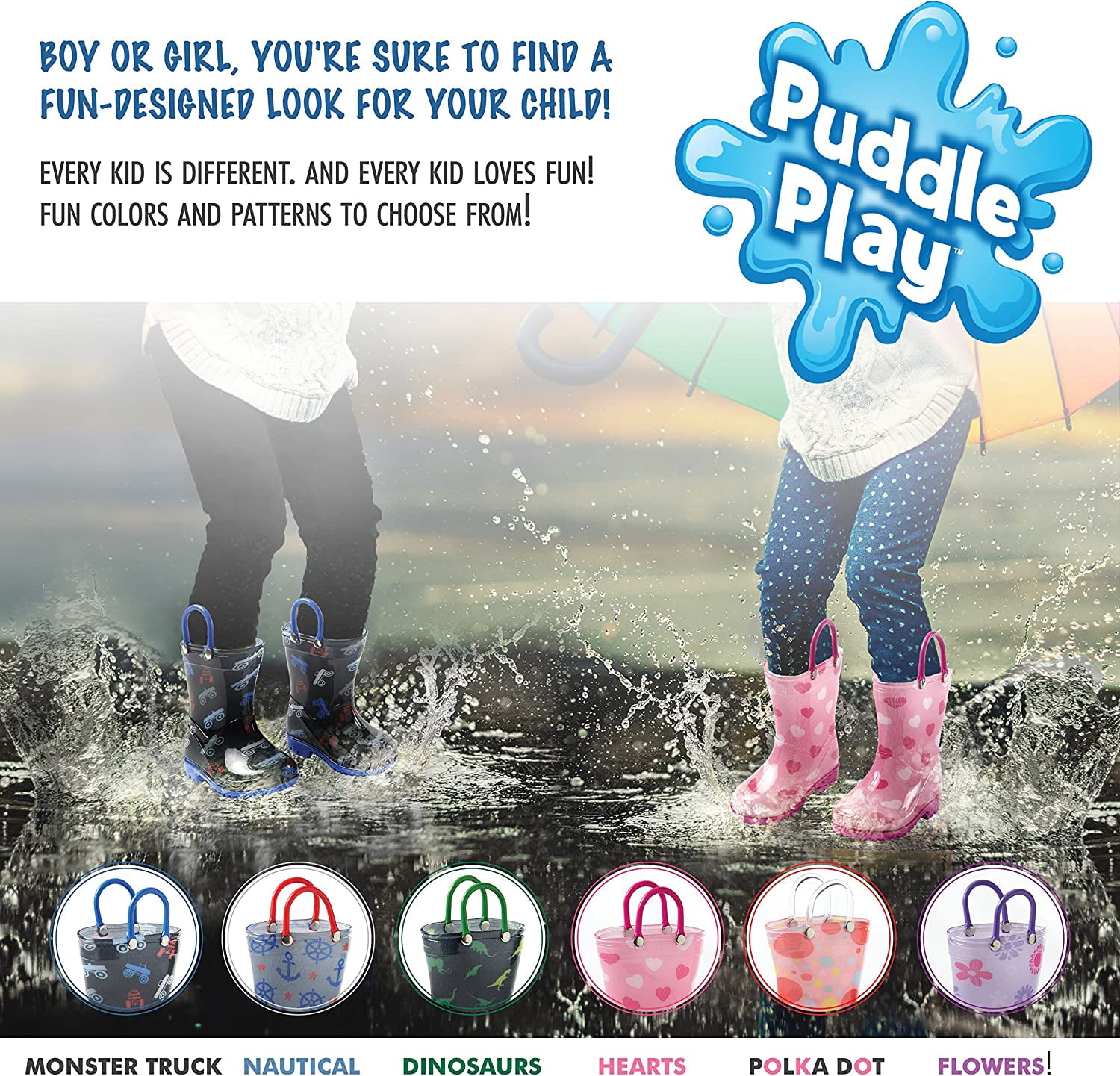 Puddle Play Children's Boys' Dinosaurs Printed Waterproof Easy-On Rubber Rain Boots (Toddler/Little Kids)
