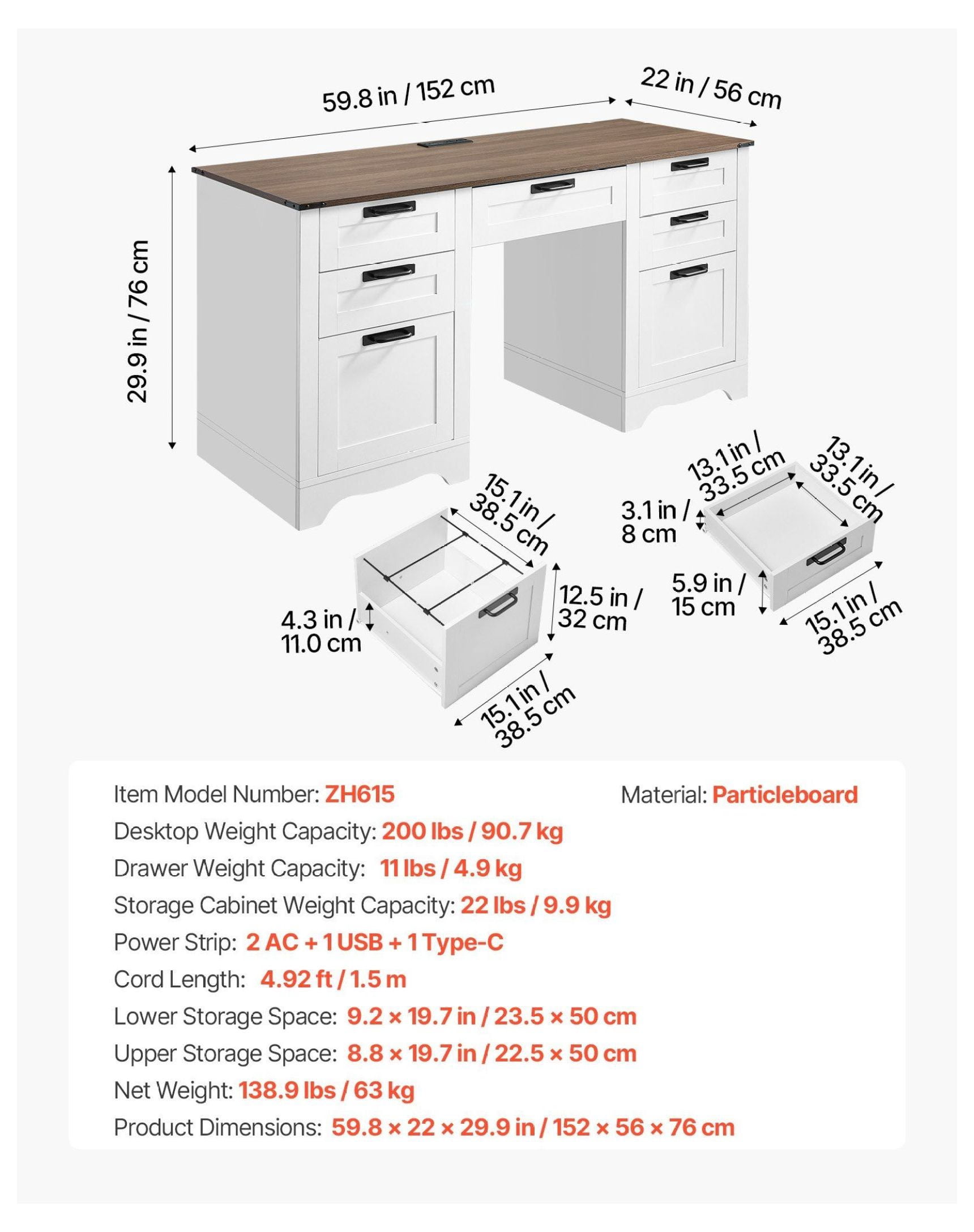 Executive Desk with Charging Station, Farmhouse Office Table