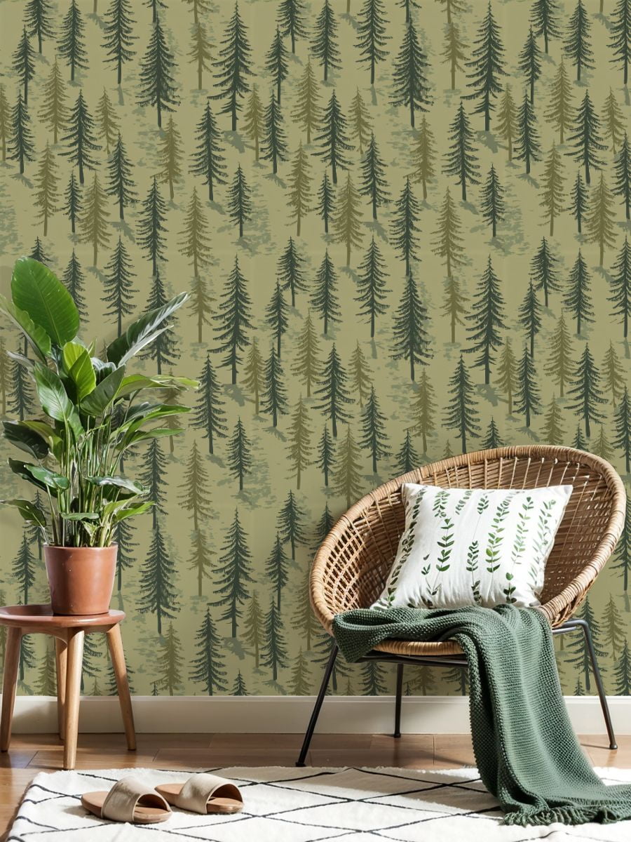 Peel and Stick Wallpaper Seamless Pine Tree Forest Green Tones Wall Mural 23.6in x 9.8ft Self Adhesive Removable Wall Paper Renter Friendly Wallpaper for Nursery Bedroom Cabin Decor