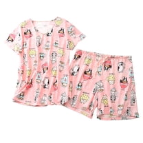 Defitshape Women's Shorts Pajama Set Short Sleeve Shirt 2 Piece Pj Sleepwear Cotton Blend Soft V Neck Printed Loungewear Elastic Waist Cute Drawstring Patterned3 Small