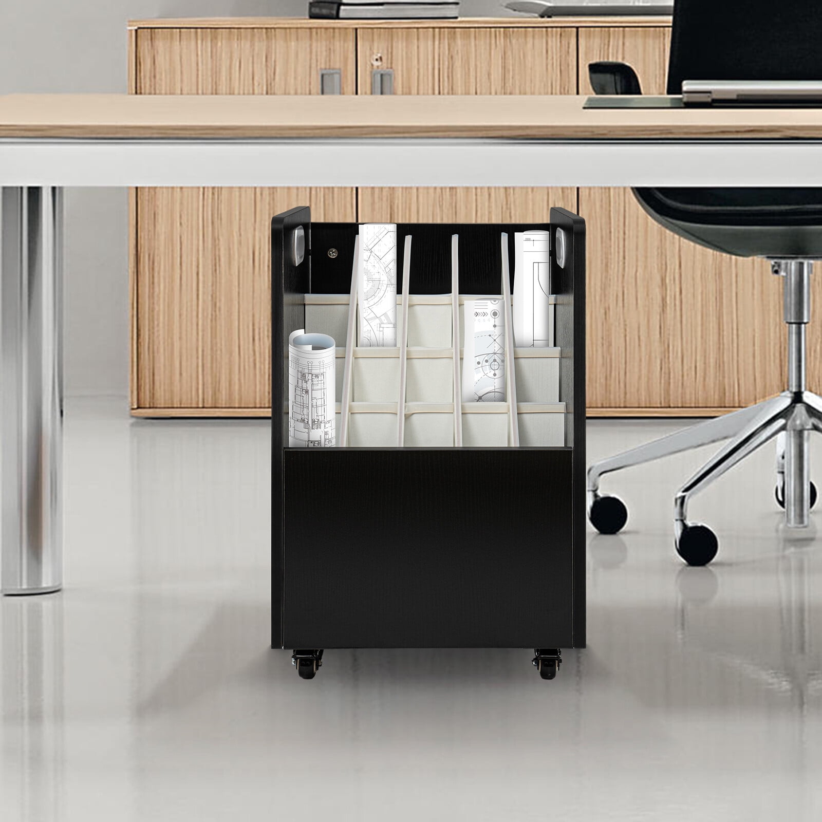 Black Print Storage Organizer with Wheels, 20 Slots Mobile Blueprint Storage Rack Cart, Construction Plan Holder Roll Files Cart Map Poster Storage Cabinet for Office Home School