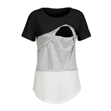 

Juebong Women s Maternity Nursing Tops Comfy Short Sleeve Round Neck Stripe Patchwork Breastfeeding T-Shirt Crewneck Breast Feeding Pregnant Woman Nursing Blouse T-Shirt