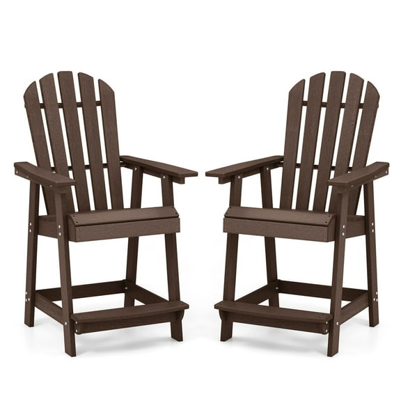 Costway 2 PCS Tall Bar Stool HDPE Patio Chair with Armrest Footrest Home Indoor Outdoor Brown