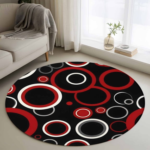 Round Area Rug 4 Ft, Red Black Washable Non-Slip Circle Carpet for Living Room/Bedroom, Abstract Modern Geometric White Grey Circle Low-Profile Crawling Mats Collection Rugs for Indoor