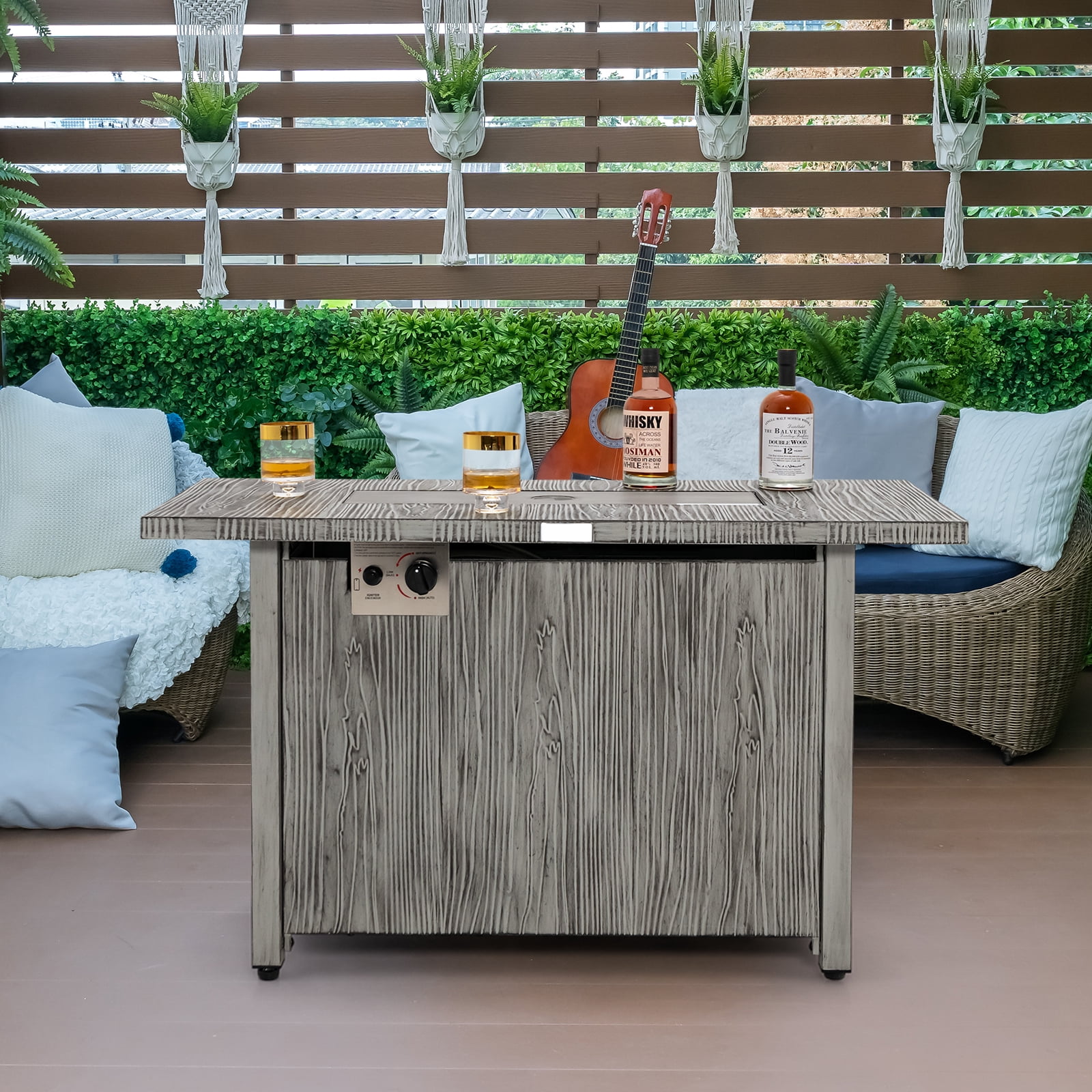 Patiojoy 43’’ Propane Fire Pit Table 50,000 BTU Outdoor Propane Gas Fire Table w/ Wood Grain Tabletop Hideaway Tank Storage