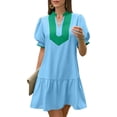 thumbnail image 3 of Short Sleeve Women Color Block V Neck Ruffle Mini Dress, 3 of 6