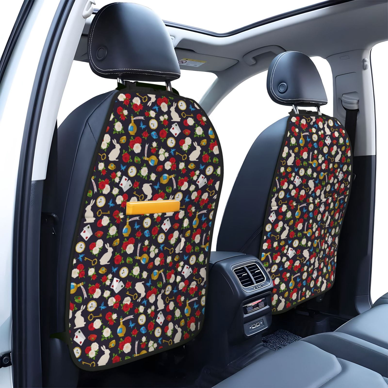 Kdxio Rose Rabbit Print 2 Pack Car Kick Mat Seat Cover Back Protector Mat with Pockets for Organizer Backseat Protector and Storage Anti Kick Pad for Vehicles