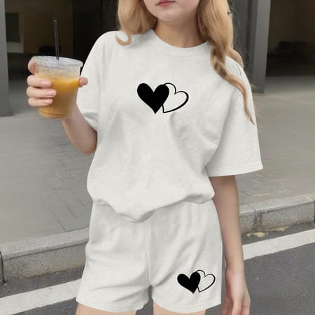 ITSAME Girls Outfit Set Heart Print Crewneck T-Shirt and Elastic Waist Shorts Summer Casual Active Set 2-Piece White Size 10