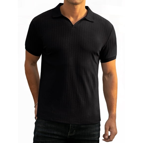 GIRUNS Men's Muscle V Neck Polo Shirts Slim Fit Ribbed Knit Short Sleeve Shirts Golf Shirts Casual Stylish Tee