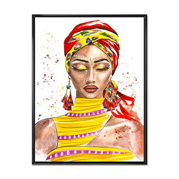 Designart 'Exotic Colorful Portrait of Afro American Woman' Traditional Framed Canvas Wall Art Print