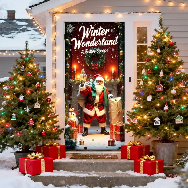 Adornos navideños, regalos navideños, cortina navideña de 35 x 72 pulgadas, decoración navideña para puerta y pared, festival, fiesta, poliéster.