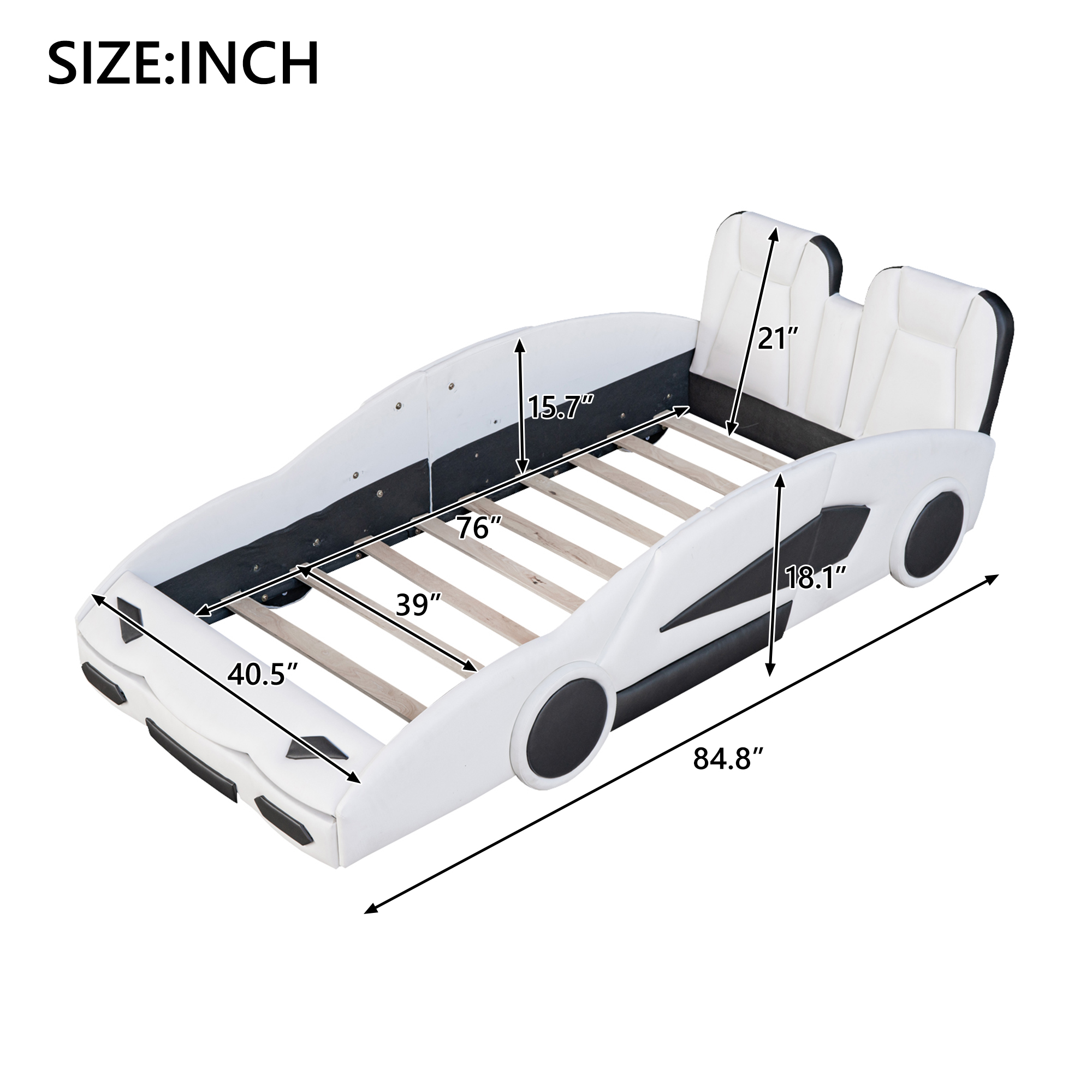 Twin Size Race Car-Shaped Platform Bed with Wheels, White