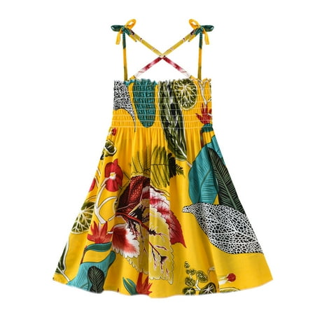 

THE WILD Girls Dresses Casual Ruched Sling Floral Print Square Neck Sleeveless Midi Prom Dress Yellow