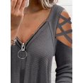 thumbnail image 5 of Tops de manga larga con hombros descubiertos para mujer, cuello en V, anillo con cremallera, camisa cruzada de punto gofrado, camisetas casuales, camisas grises de punto gofrado XX-Large, 5 of 5