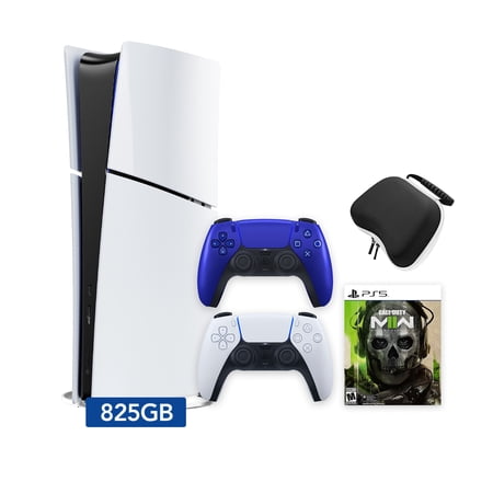 PlayStation 5 Slim Digital 825GB SSD Call of Duty Modern Warfare II Console with Two Controllers, White and Cobalt Blue DualSense and Hard Shell Protective Controller Case - PS5 Slim Digital Console