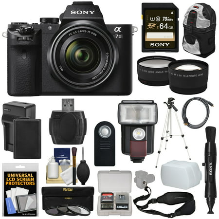 Sony Alpha A7 II Digital Camera & 28-70mm FE OSS Lens with 64GB Card + Battery + Backpack + Strap + Tripod + Flash + Tele & Wide Lens
