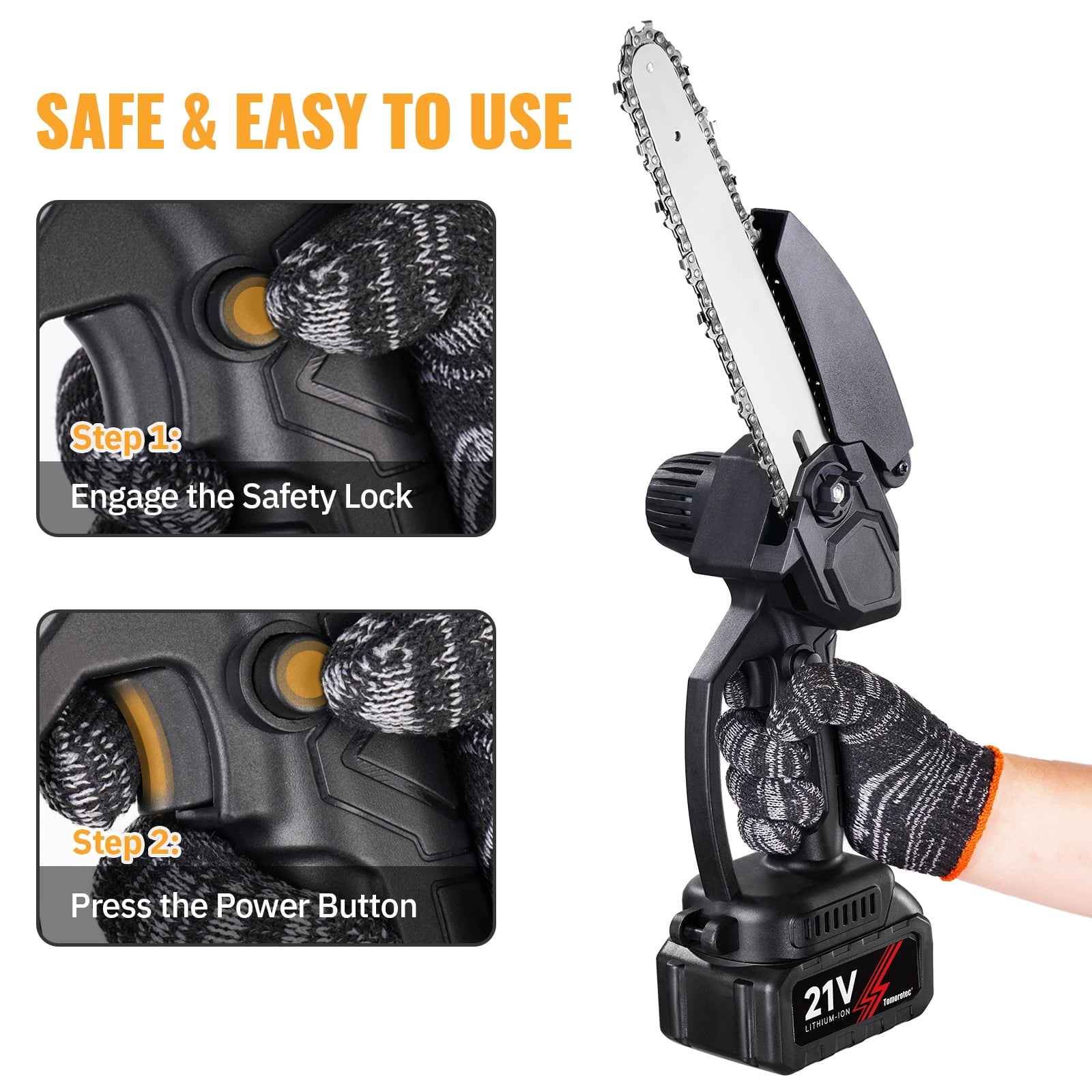 Tomorotec 8 Inch Portable Electric Chainsaw, Cordless Mini Chainsaw, Handheld Small Chain Saw for Wood Cutting, Tree Trimming, Copper Motor, Lightweight, Quick Charge, Safety Lock, 2 Batteries(Black)