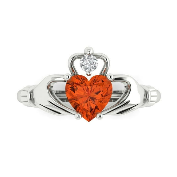 1.05 ctw Claddagh Anniversary Ring for Women | Heart Cut Simulated Red Diamond | Hyperallergenic Solid 14K White Gold