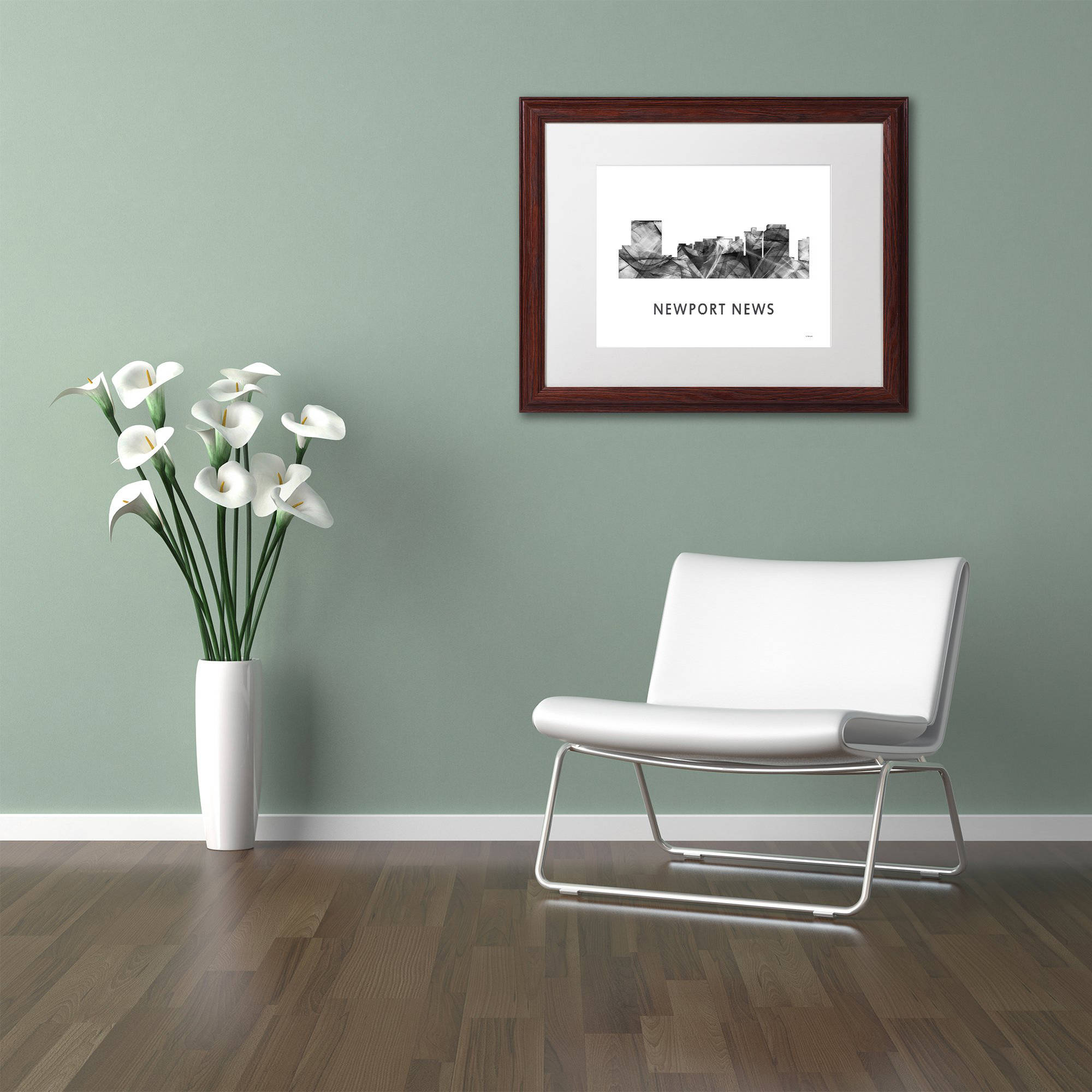 Trademark Fine Art 'Newport News VA Skyline WB-BW' Canvas Art by Marlene Watson, White Matte, Wood Frame
