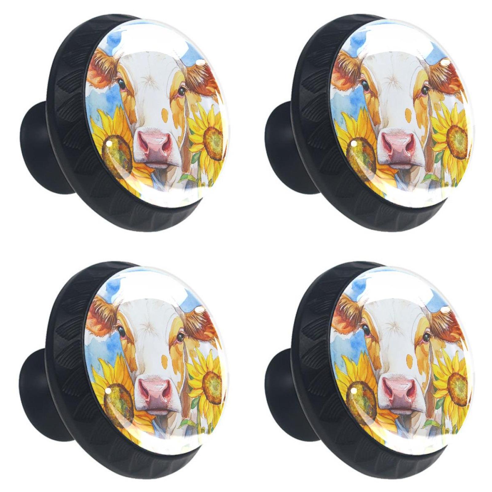4 Pcs Cow and Sunflower Knobs for Kitchen Cabinet Cupboard Dresser Bookcase Drawer Pulls Handles Round Home Decor