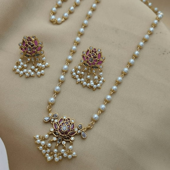 Ruby American Diamond CZ Short Necklace with Stud Earrings and Jhumka, Indian Pearl Necklace, South Indian Bollywood Jewelry