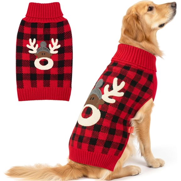 Dog Christmas Sweater with Reindeer Pattern, Cozy Holiday Outfit, Red Buffalo Plaid Knitwear, Turtleneck Dog Sweater for Medium Dogs with Leash Hole, Soft Warm Pet Clothes, XX-Large