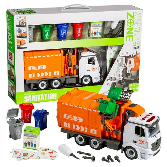 Fun Express Light-Up Orange Plastic Garbage Truck with Sound - 5 Pieces