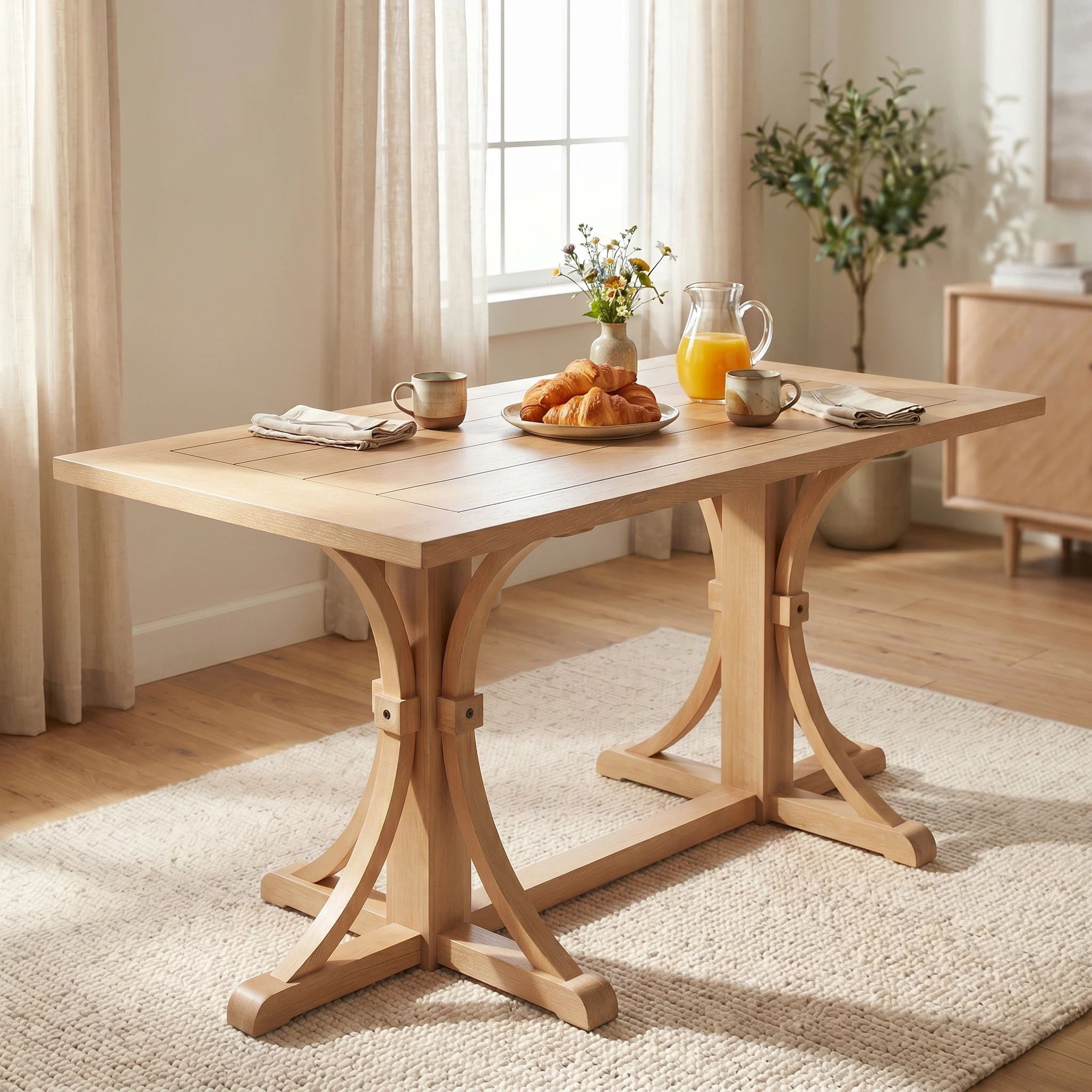 Euroco 60 Inch Farmhouse Dining Table for 6, Solid Wood Dining Room Table Kitchen Table with Trestle Base & Curved Legs for Living Room,Home Office,Natural