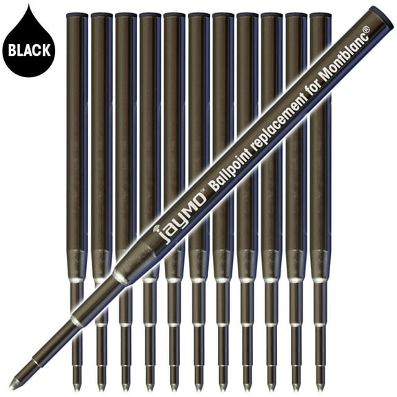 Jaymo Replacement for Montblanc 128211 - Measures 3.875 in / 98 mm Long - Ballpoint Pen Refill - 12 Black