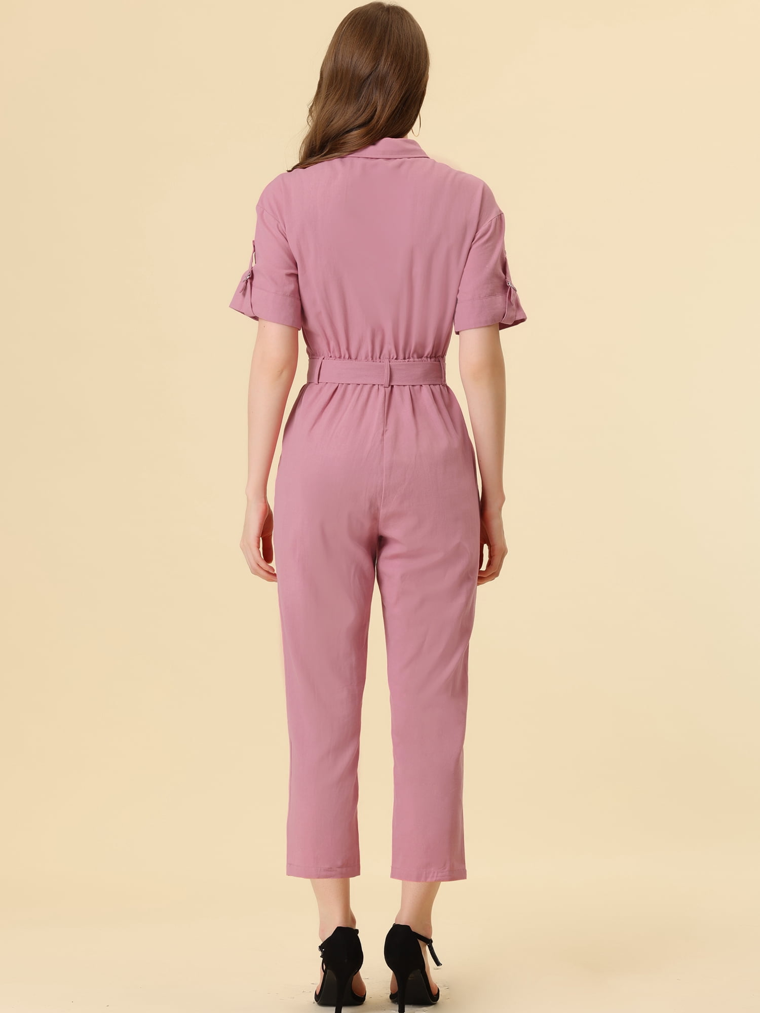 DARING DIVA Women's Button Up Tie Waist Jumpsuit with Pockets L Pink