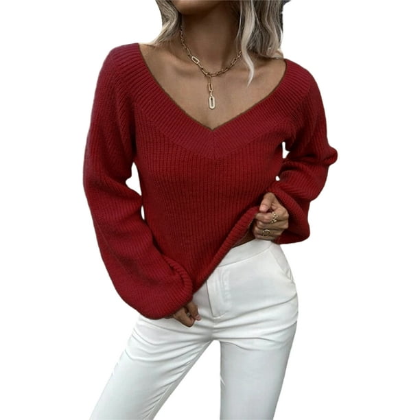 Pull Laine Femme - Dames à Manches Longues col en V col de Chemise Haut  Couleur Unie Pull Ample décontracté Sweat-Shirt Pull Tout Doux : :  Mode