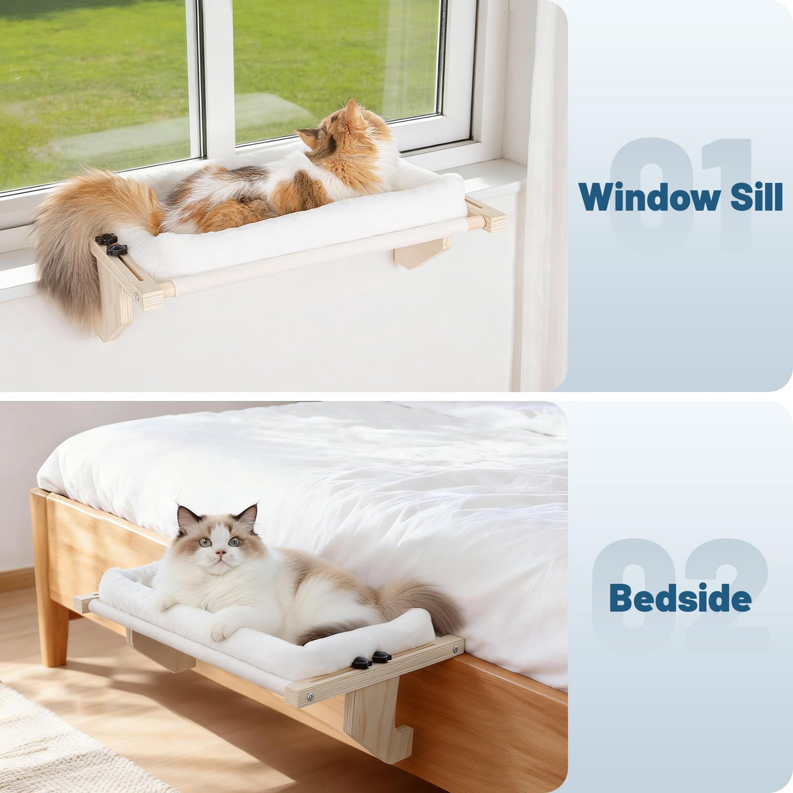 Cat Sill Window Perch - Pine Frame  Soft Rabbit Cushion Tool-free Adjustment Supports 50 Lbs (large-white)