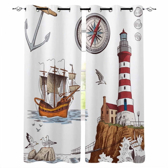 Nautical Lighthouses Blackout Curtains for Bedroom, Thermal Insulated Drapes, Ocean Ship Anchors Seashells Birds Black Out Curtains 63 Inch Long Room Darkening Kitchen Curtains 42"x63" 2 Panels