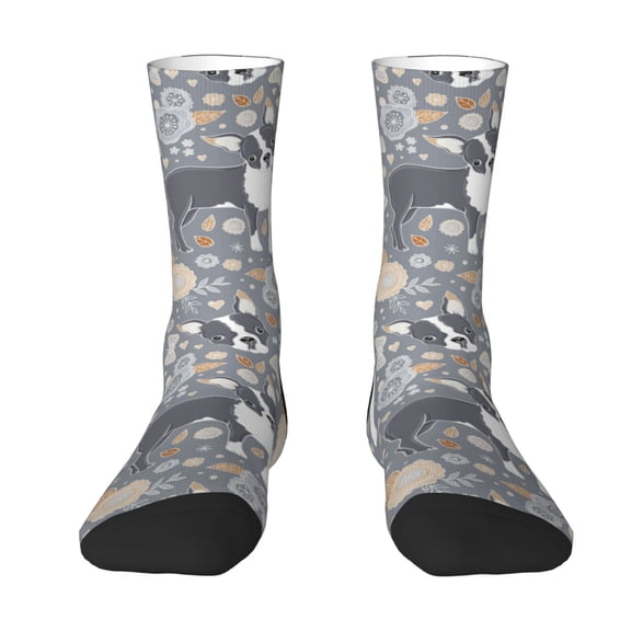 Uemuo Cute Dog And Flowers Pattern Women's Crew Socks, Soft Durable Breathable Moisture-Wicking with Odor Control Cotton socks